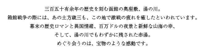 三百五十有余年の歴史を刻む函館の奥座敷、湯の川。箱館戦争の際には、あの土方歳三も、この地で激戦の疲れを癒したといわれています。幕末の歴史ロマンと異国情緒、百万ドルの夜景と新鮮な山海の幸、そして湯の川でもわずかに残された赤湯。めぐり会うのは、宝物のような感動です。